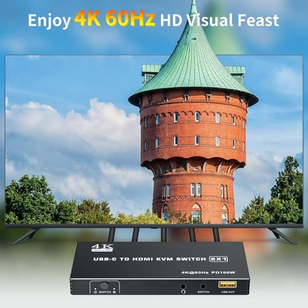 NÖRDIC USB-C–HDMI KVM-kytkin 4K 60Hz, Type-C KVM-kytkin HDMI:lle 2 tietokonetta 1 HDMI-näyttö