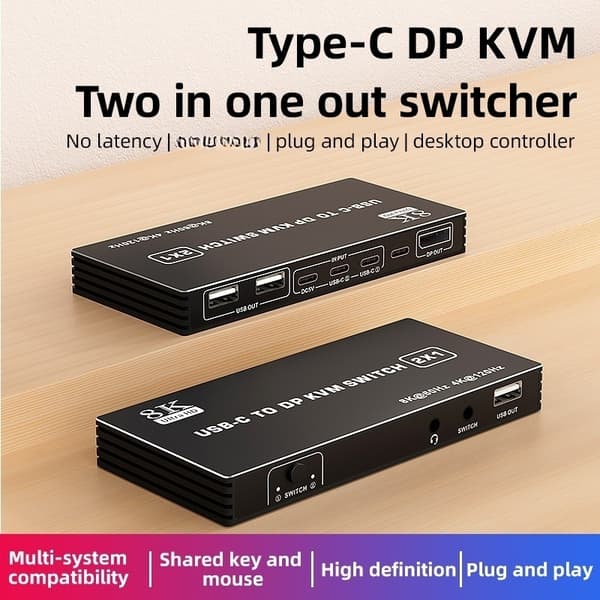 NÖRDIC USB-C KVM-switch 2 till 1 DP 8K60Hz 4K144Hz 3xUSB 1x3.5mm