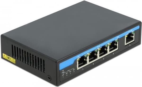 DeLOCK - Switch - uadministreret - 4 x 10/100/1000 (PoE+) + 1 x 10/100/1000 (Uplink) - Desktop - PoE+ (60 W) Sort