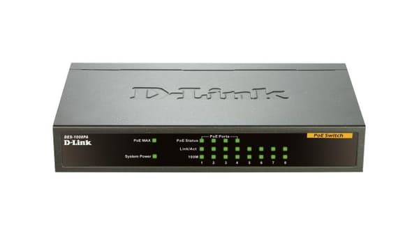 D-Link DES-1008 Pa Switch - Netværksswitch (Uadministreret, Fast Ethernet (10/100), IEEE 802.3, IEEE 802.3 Af, IEEE 802.3U, IEEE 802.3 X, 1000 indgang