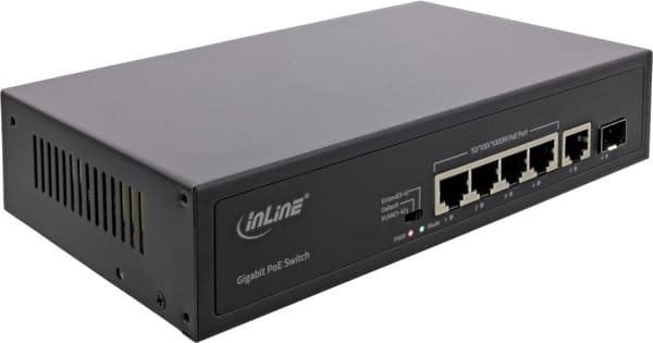 InLine PoE+ Gigabit netværksswitch 5 porte med 4X PoE+ porte, 65 watt, 1x SFP port, fiberoptisk/fiberoptisk, LAN, 1GBit/s, desktop, blæserløst metalhu