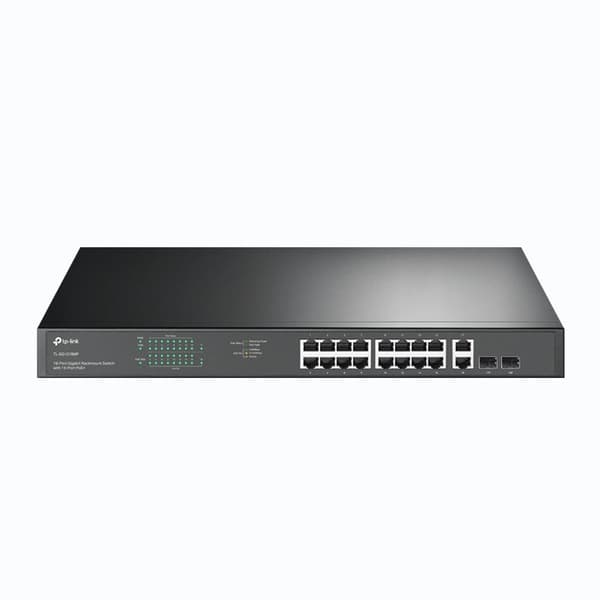 TP-Link JetStream TL-SG1218MP - V1 - Switch - 16 x 10/100/1000 (PoE+) + 2 x 10/100/1000 + 2 x combo Gigabit SFP - rackmonterbar - PoE+ (250 W) Sort