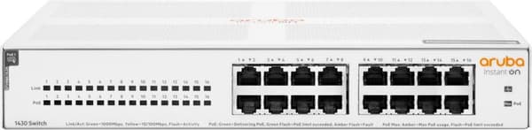 Hewlett Packard Enterprise Aruba Instant On 1430 16G Class4 PoE 124W Unmanaged L2 Gigabit Ethernet (10/100/1000) Power over Ethernet (PoE) 1U Wit
