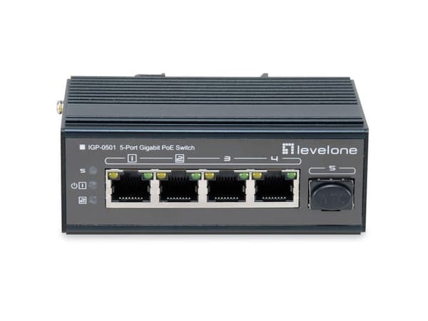 LevelOne 5-Port Gigabit Industrial Switch - DIN-Schiene - -30°C til 65°C - Gigabit Ethernet (10/100/1000) - Vollduplex - Power over Ethernet (PoE) - W Sort