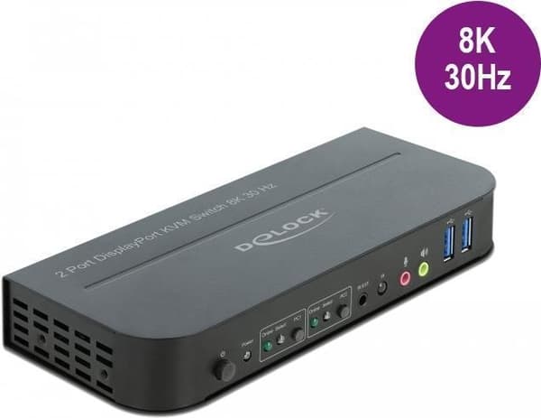 DeLOCK DisplayPort 1.4 KVM-kytkin 8K 30 Hz, USB 3.0 ja ääni - KVM-/Audio-/USB-kytkin - 2 x KVM/Audio/USB - 1 paikallinen käyttäjä - Työpöytä