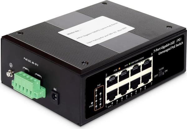 DIGITUS DN-651113 - Kytkin - hallitsematon - 7 x 10/100/1000 (PoE+) + 1 x 10/100/1000 (PoE++) - DIN-kiskoon kiinnitettävä - PoE++ - Tasavirta (DN-6511