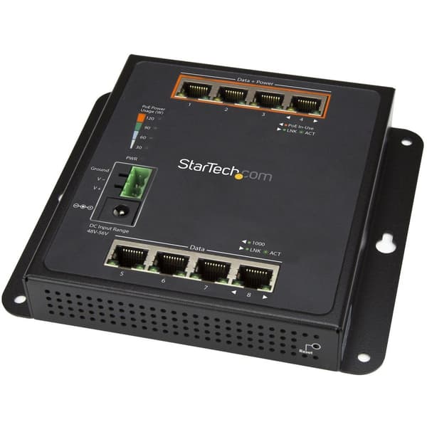 StarTech.com 8-porttinen (4 PoE+) Gigabit Ethernet -kytkin - Hallittu - Seinäteline etuliitännällä - Kytkin - Hallittu - 4 x 10/100/1000 + 4 x 10/100/