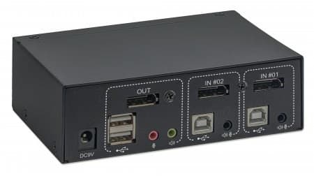 Manhattan DisplayPort 1.2 KVM-switch med 2 portar, 4K@60Hz, USB-A/3,5 mm ljud-/mikrofonanslutningar, kablar medföljer, ljudstöd, styr 2 datorer från e