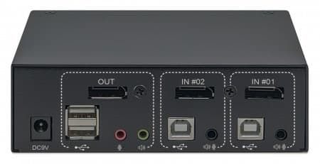 Manhattan DisplayPort 1.2 KVM-switch med 2 portar, 4K@60Hz, USB-A/3,5 mm ljud-/mikrofonanslutningar, kablar medföljer, ljudstöd, styr 2 datorer från e