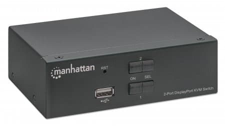 Manhattan DisplayPort 1.2 KVM-switch med 2 portar, 4K@60Hz, USB-A/3,5 mm ljud-/mikrofonanslutningar, kablar medföljer, ljudstöd, styr 2 datorer från e