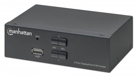 Manhattan DisplayPort 1.2 KVM-switch med 2 porte, 4K@60Hz, USB-A/3,5 mm lyd-/mikrofontilslutninger, medfølgende kabler, lydunderstøttelse, styr 2 comp