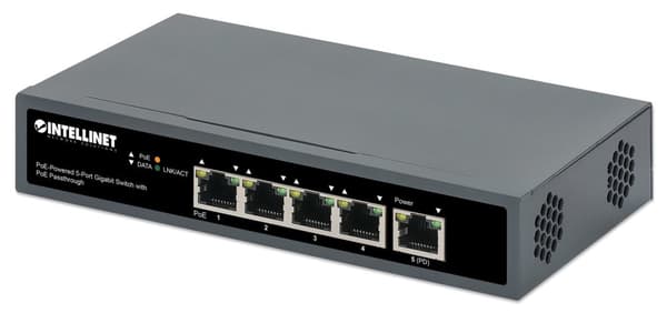 Intellinet 5-portars Gigabit-switch med PoE-genomströmning, en IEEE 802.3bt (PoE++ / 4PPoE) PD PoE-port med 95 W strömingång, fyra PSE PoE-portar, PoE