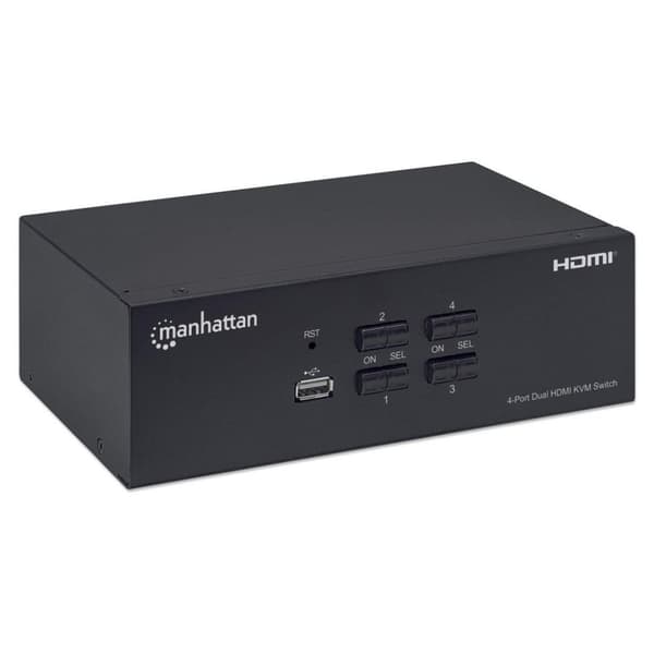 Manhattan HDMI KVM-switch med 4 portar, 4K vid 30 Hz, USB-A/3,5 mm ljud-/mikrofonanslutningar, medföljande kablar, ljudstöd, styr 4 datorer från en da