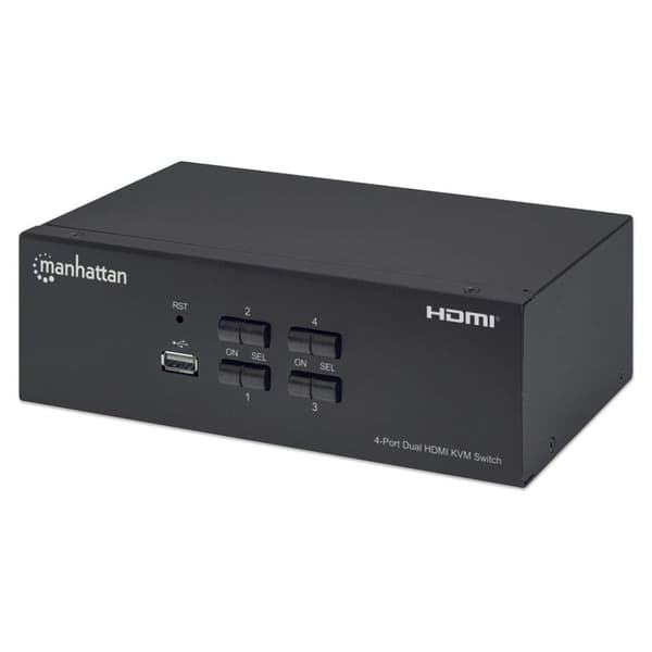Manhattan HDMI KVM-switch med 4 porte, 4K@30Hz, USB-A/3,5 mm lyd-/mikrofontilslutninger, medfølgende kabler, lydunderstøttelse, styr 4 computere fra é