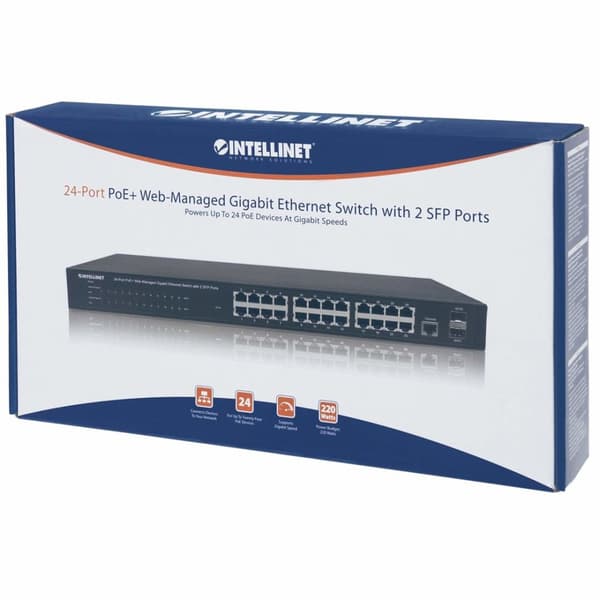 Intellinet 24-portars Gigabit Ethernet PoE+ webbhanterad switch med 2 SFP-portar, 24 x PoE-portar, IEEE 802.3at/af Power over Ethernet (PoE+/PoE), 2 x