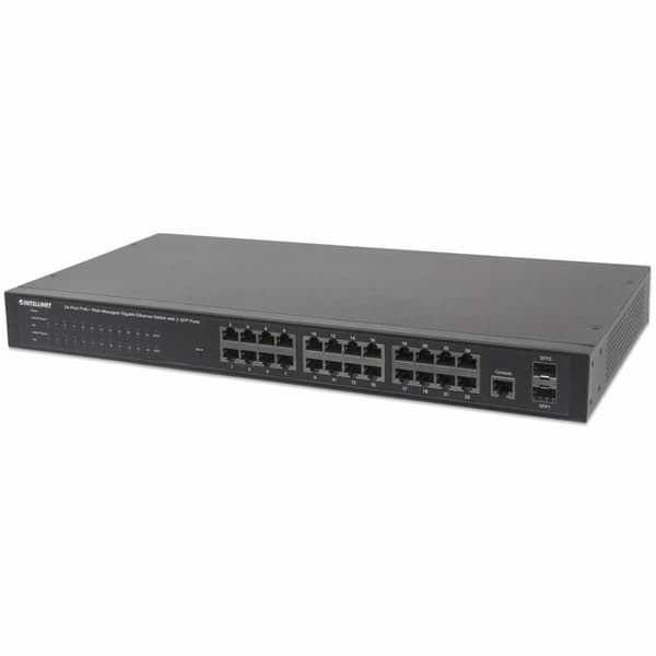 Intellinet 24-portars Gigabit Ethernet PoE+ webbhanterad switch med 2 SFP-portar, 24 x PoE-portar, IEEE 802.3at/af Power over Ethernet (PoE+/PoE), 2 x Svart