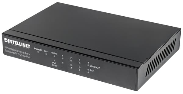 Intellinet 5-portars Gigabit Ethernet PoE+-switch med SFP-kombinationsport, 4 x PSE-portar, IEEE 802.3at/af Power over Ethernet (PoE+/PoE)-kompatibel, Svart