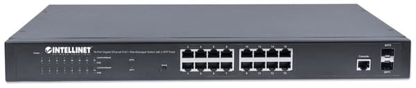 Intellinet 16-porttinen gigabitin Ethernet PoE+ -verkkopohjainen kytkin, jossa 2 SFP-porttia, IEEE 802.3at/af Power over Ethernet (PoE+/PoE) -yhteenso