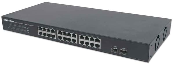 Intellinet 24-portars Gigabit Ethernet-switch med 2 SFP-portar, 24 x 10/100/1000 Mbps RJ45-portar + 2 x SFP, IEEE 802.3az (energieffektivt Ethernet), Svart