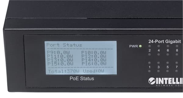 Intellinet 24-portars Gigabit Ethernet PoE+-switch med 2 SFP-portar, LCD-skärm, IEEE 802.3at/af Power over Ethernet (PoE+/PoE)-kompatibel, 370 W, änds