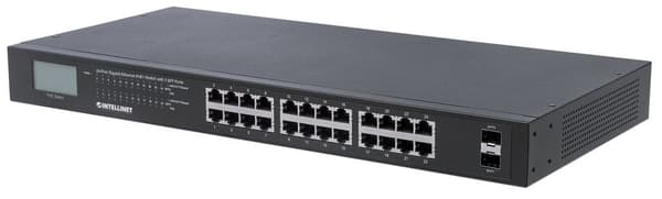 Intellinet 24-porttinen gigabitin Ethernet PoE+ -kytkin, jossa 2 SFP-porttia, LCD-näyttö, IEEE 802.3at/af Power over Ethernet (PoE+/PoE) -yhteensopiva musta
