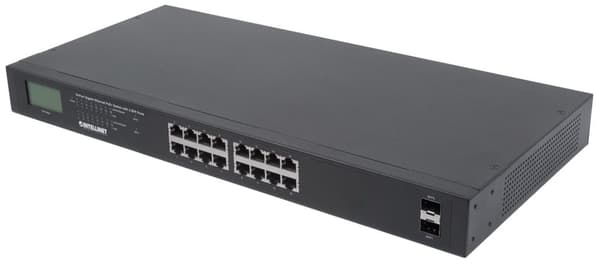 Intellinet 16-ports Gigabit Ethernet PoE+ switch med 2 SFP-porte, LCD-skærm, IEEE 802.3at/af Power over Ethernet (PoE+/PoE) kompatibel, 370 W, endespæ Sort