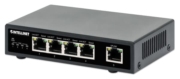 Intellinet 5-portars Gigabit Ethernet PoE+-switch, fyra PSE PoE-portar, IEEE 802.3at/af (PoE+/PoE)-kompatibel, PoE-strömförbrukning upp till 62 W, skr