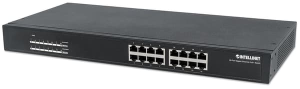 Intellinet 16-portars Gigabit Ethernet PoE+-switch, 16 x PoE-portar, IEEE 802.3at/af Power-over-Ethernet (PoE+/PoE), ändspann, rackmontering Svart