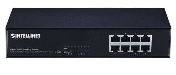 Intellinet 8-portars Fast Ethernet PoE+-switch, 8 x PoE-portar, IEEE 802.3at/af Power-over-Ethernet (PoE+/PoE), Endspan, Stationär, Box