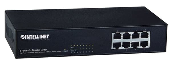 Intellinet 8-portars Fast Ethernet PoE+-switch, 8 x PoE-portar, IEEE 802.3at/af Power-over-Ethernet (PoE+/PoE), Endspan, Stationär, Box