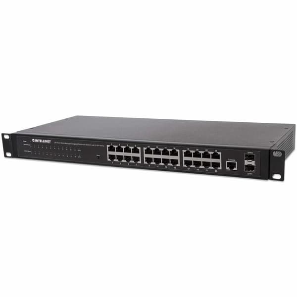 Intellinet 24-porttinen verkkokytkin, 24-porttia (RJ45), räkkiin asennettava, gigabitti, 4 SFP, Ethernet Web-Smart, 10/100/1000 Mbit
