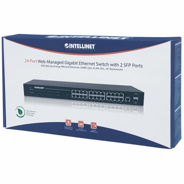 Intellinet 24-porttinen verkkokytkin, 24-porttia (RJ45), räkkiin asennettava, gigabitti, 4 SFP, Ethernet Web-Smart, 10/100/1000 Mbit musta