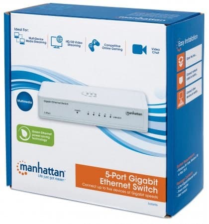 Manhattan 5-portars Gigabit Ethernet-switch, skrivbordsstorlek, plast, IEEE 802.3az (energieffektivt Ethernet), tre års garanti, låda