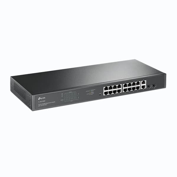 TP-Link 18-porttinen gigabitin räkkiin asennettava kytkin, jossa 16 PoE+ -tukea