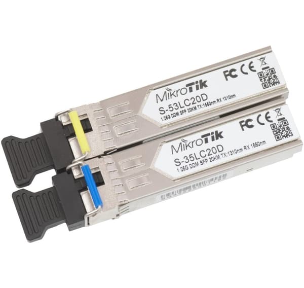 MikroTik Par SFP-moduler S-3553LC20D (S-35LC20D 1.25G SM 20km T1310nm/R1550nm + S-53LC20D 1.25G SM 20km T1550nm/R1310nm) , Maximalt överföringsavstånd