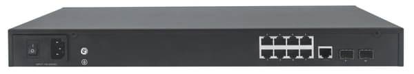 Intellinet 8-porttinen gigabitin Ethernet PoE+ -verkkopohjainen AV-kytkin, jossa kaksi SFP-uplink-yhteyttä, kahdeksan taaksepäin suunnattua PoE+-portt