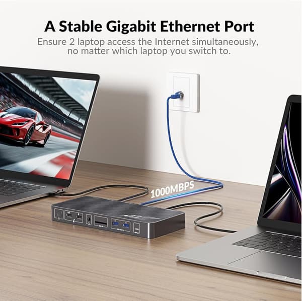 USB-C KVM Dockningsstation för 2 Laptops, Dual 4K-skärm, 11-i-1 med 100W PD, 1Gbps LAN & EDID-emulering