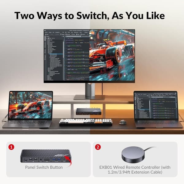 USB-C KVM Dockningsstation för 2 Laptops, Dual 4K-skärm, 11-i-1 med 100W PD, 1Gbps LAN & EDID-emulering