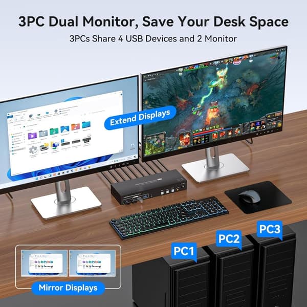 NÖRDIC KVM Switch 3 PC to 2 Monitors 8K60Hz DP 1.4 HDMI 2.0 KVM USB 3.0