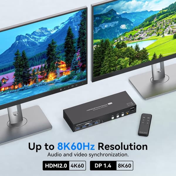 NÖRDIC KVM Switch 3 PC to 2 Monitors 8K60Hz DP 1.4 HDMI 2.0 KVM USB 3.0