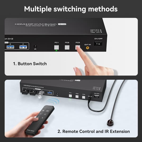 NÖRDIC KVM Switch 3 PC to 2 Monitors 8K60Hz DP 1.4 HDMI 2.0 KVM USB 3.0