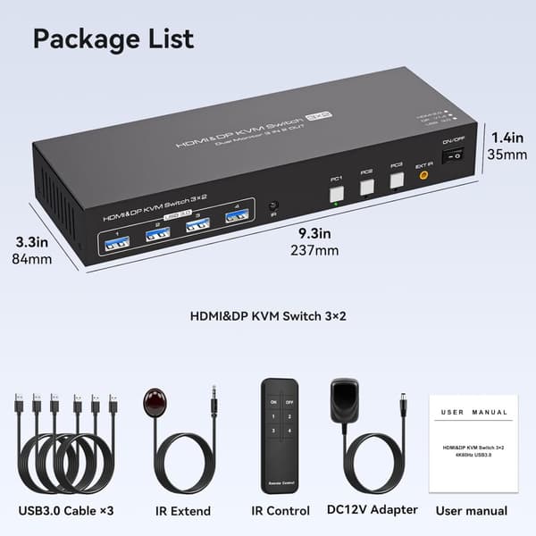 NÖRDIC KVM Switch 3 PC to 2 Monitors 8K60Hz DP 1.4 HDMI 2.0 KVM USB 3.0