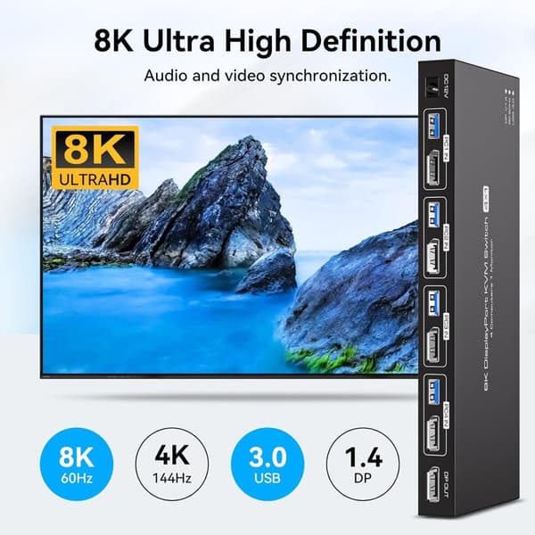 NÖRDIC KVM Switch 4 PC to 1 Monitor DP 8K60Hz 4K144Hz 4 Port KVM Sharing 1 Monitor and 4 USB 3.0 Device with Controller Support Extended/Copy Mode