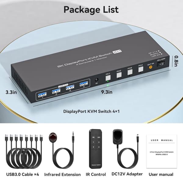 NÖRDIC KVM Switch 4 PC to 1 Monitor DP 8K60Hz 4K144Hz 4 Port KVM Sharing 1 Monitor and 4 USB 3.0 Device with Controller Support Extended/Copy Mode