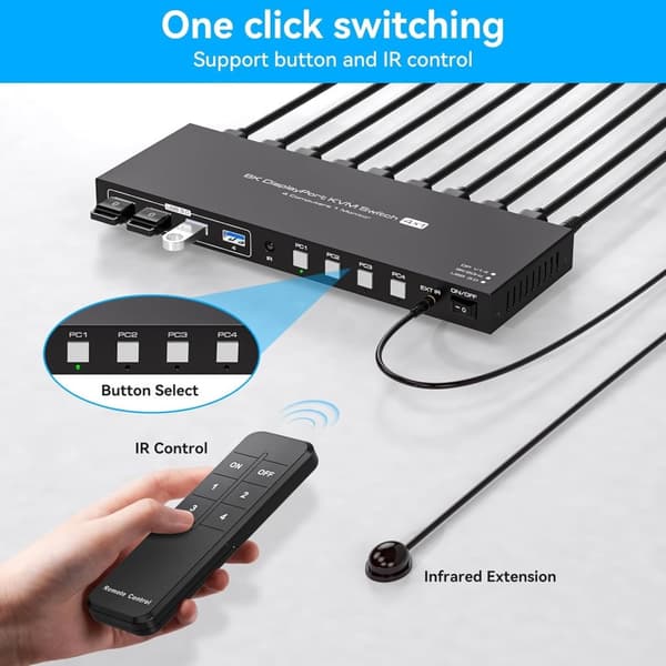NÖRDIC KVM Switch 4 PC to 1 Monitor DP 8K60Hz 4K144Hz 4 Port KVM Sharing 1 Monitor and 4 USB 3.0 Device with Controller Support Extended/Copy Mode