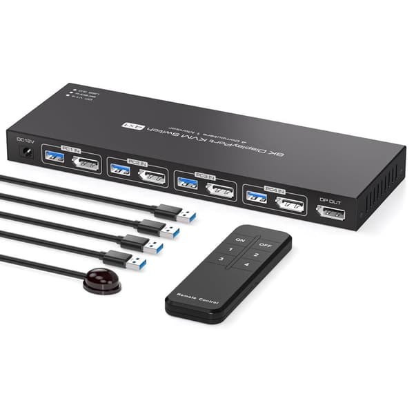 NÖRDIC KVM Switch 4 PC to 1 Monitor DP 8K60Hz 4K144Hz 4 Port KVM Sharing 1 Monitor and 4 USB 3.0 Device with Controller Support Extended/Copy Mode