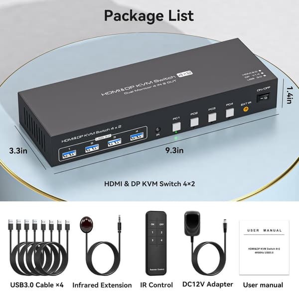 NÖRDIC KVM Switch 4 PC to 2 Monitor DP & HDMI 4K60Hz USB3.0