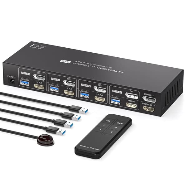 NÖRDIC KVM Switch 4 PC to 2 Monitor DP & HDMI 4K60Hz USB3.0