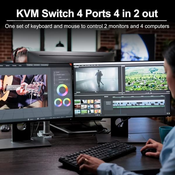 NÖRDIC KVM Switch 4 PC to 2 Monitors HDMI 8K@60Hz 4K@120Hz 4XUSB-A