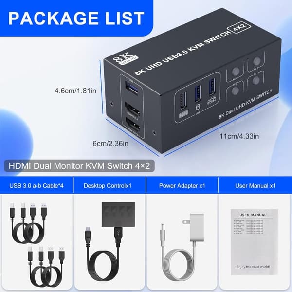 NÖRDIC KVM Switch 4 PC to 2 Monitors HDMI 8K@60Hz 4K@120Hz 4XUSB-A
